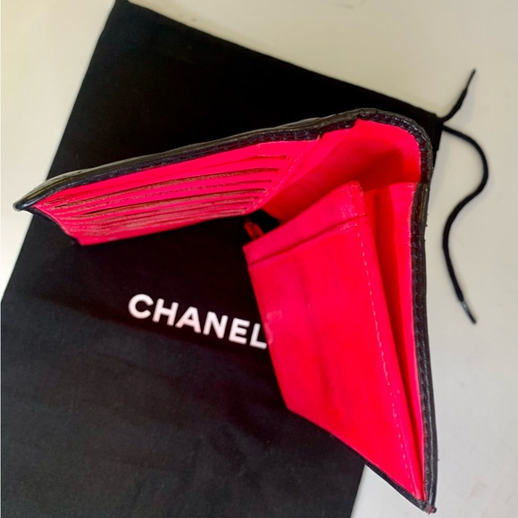 CHANEL Cambon Bi fold Long Wallet Line Coco Mark Leather / Black ~ Neon Pink COA - Picture 10 of 16